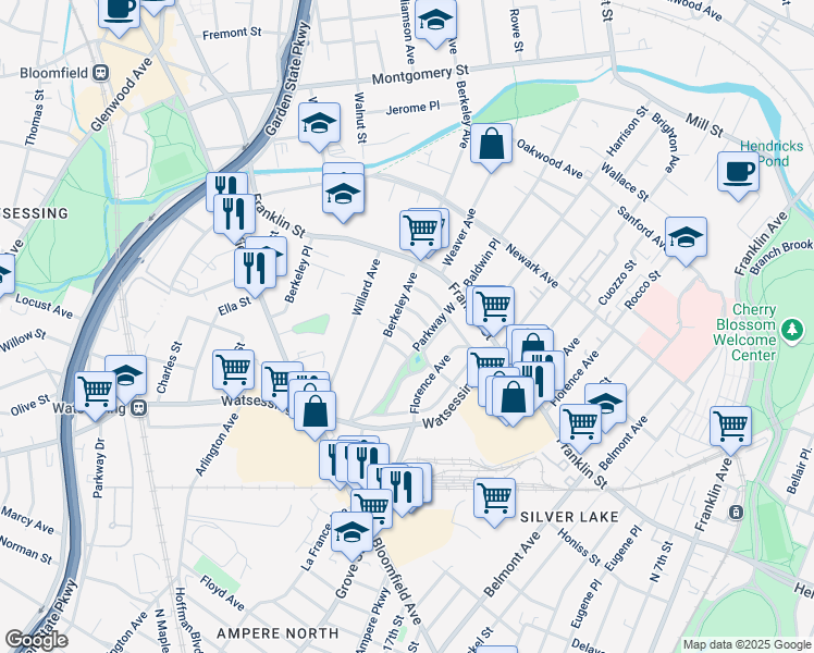 map of restaurants, bars, coffee shops, grocery stores, and more near 123 Berkeley Avenue in Bloomfield