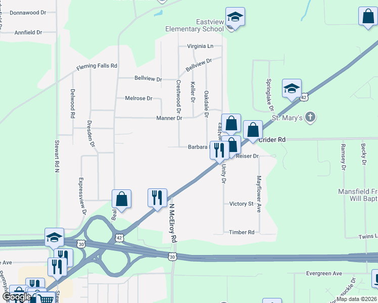 map of restaurants, bars, coffee shops, grocery stores, and more near 1368 Barbara Lane in Mansfield