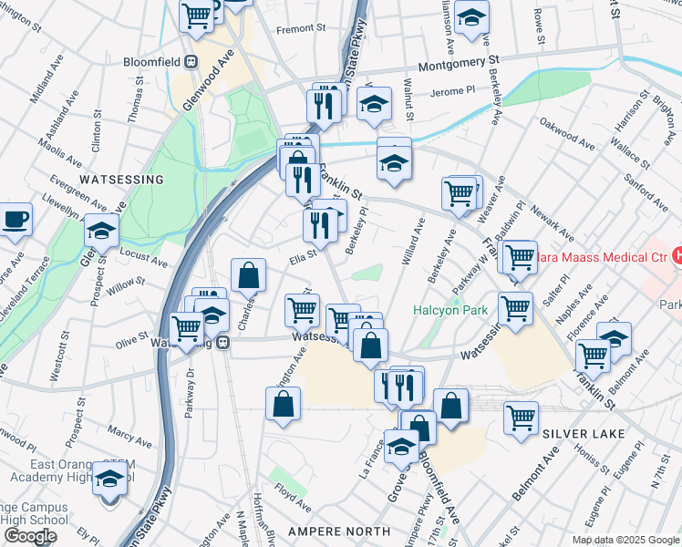 map of restaurants, bars, coffee shops, grocery stores, and more near 1 Berkeley Heights Park in Bloomfield