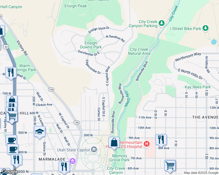 map of restaurants, bars, coffee shops, grocery stores, and more near 724 East Capitol Boulevard in Salt Lake City