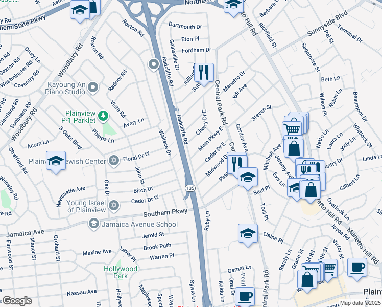 map of restaurants, bars, coffee shops, grocery stores, and more near 91 Main Parkway East in Plainview