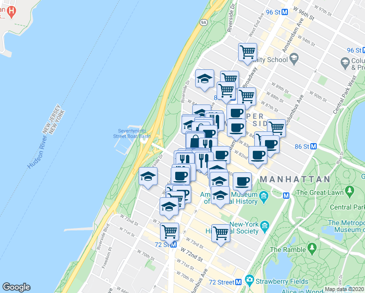 map of restaurants, bars, coffee shops, grocery stores, and more near 305 West 80th Street in New York