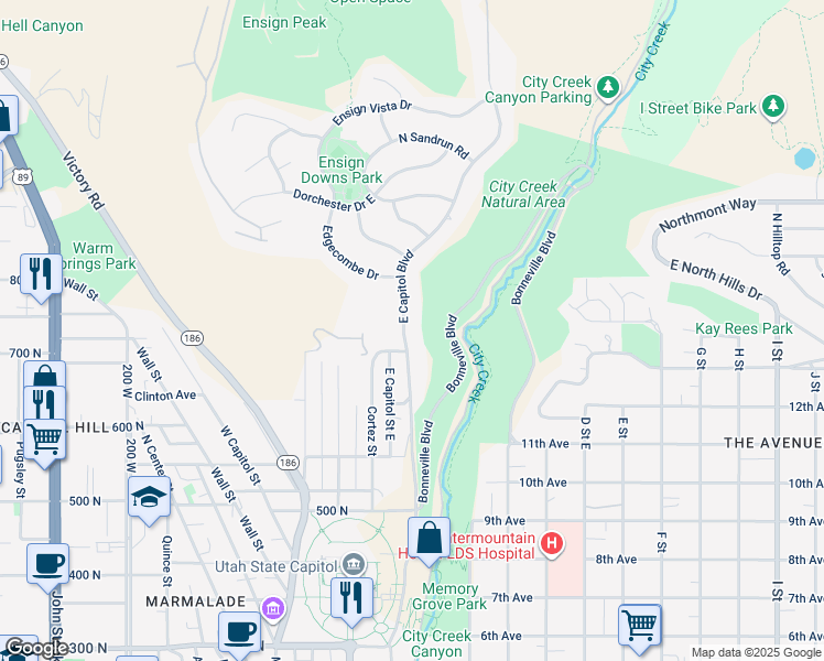 map of restaurants, bars, coffee shops, grocery stores, and more near 724 East Capitol Boulevard in Salt Lake City