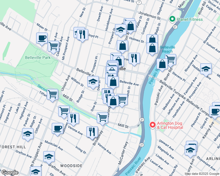 map of restaurants, bars, coffee shops, grocery stores, and more near 100 William Street in Belleville