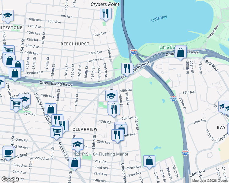 map of restaurants, bars, coffee shops, grocery stores, and more near 15-34 200th Street in Queens