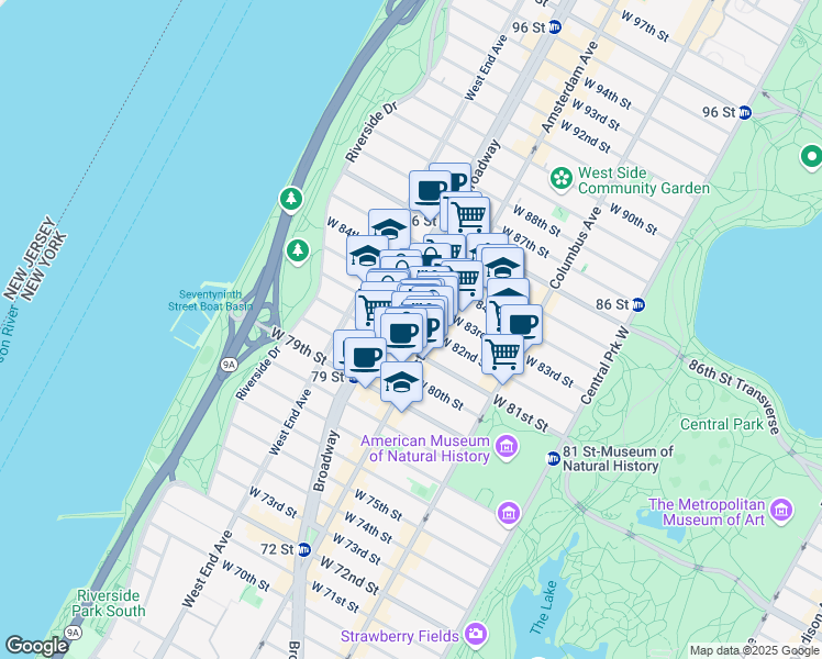 map of restaurants, bars, coffee shops, grocery stores, and more near 454 Amsterdam Avenue in New York