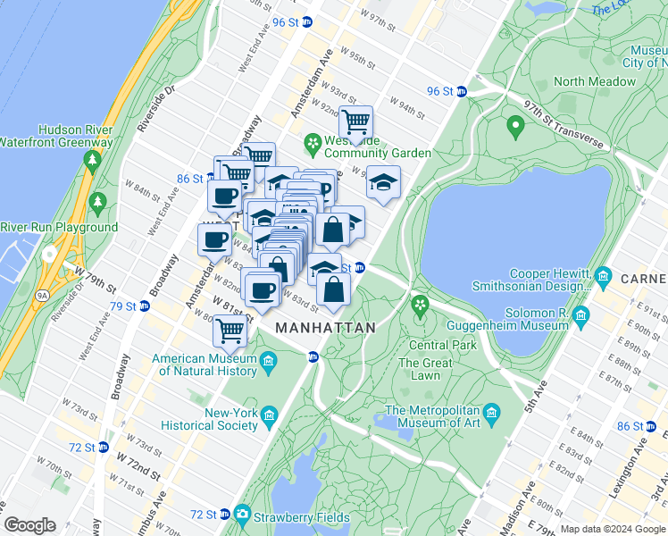 map of restaurants, bars, coffee shops, grocery stores, and more near 32 West 85th Street in New York