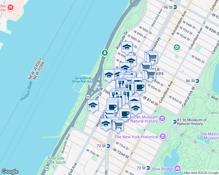 map of restaurants, bars, coffee shops, grocery stores, and more near 322 West 80th Street in New York