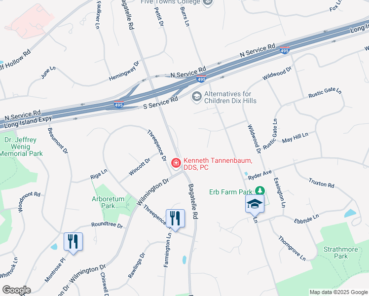 map of restaurants, bars, coffee shops, grocery stores, and more near 60 Dix Hills Drive in Melville