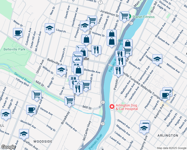 map of restaurants, bars, coffee shops, grocery stores, and more near 112 Cortlandt Street in Belleville
