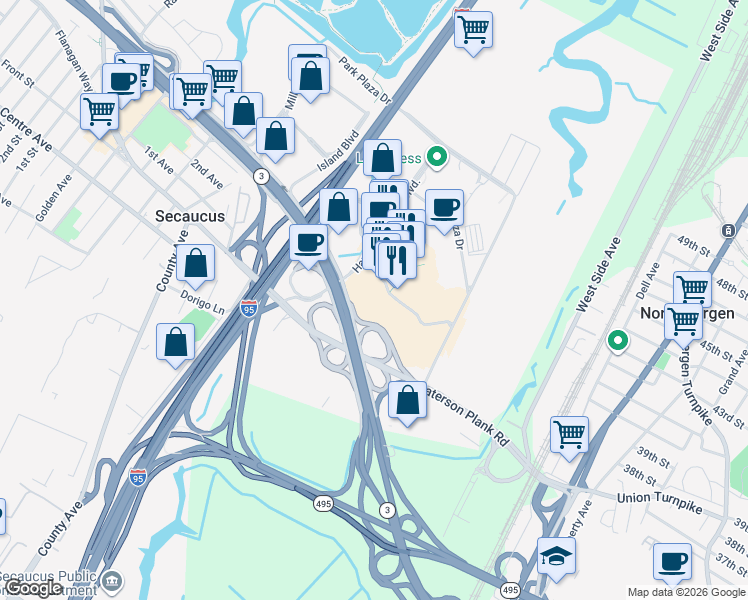 map of restaurants, bars, coffee shops, grocery stores, and more near 650 Plaza Drive in Secaucus