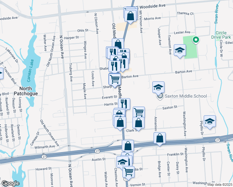 map of restaurants, bars, coffee shops, grocery stores, and more near 15 Everett Street in Patchogue