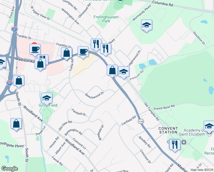 map of restaurants, bars, coffee shops, grocery stores, and more near 415 Pitney Place in Morristown