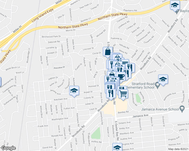 map of restaurants, bars, coffee shops, grocery stores, and more near King St & Crown St in Hicksville