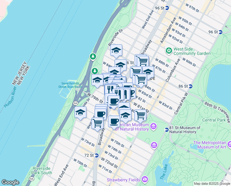 map of restaurants, bars, coffee shops, grocery stores, and more near 255 West 81st Street in New York