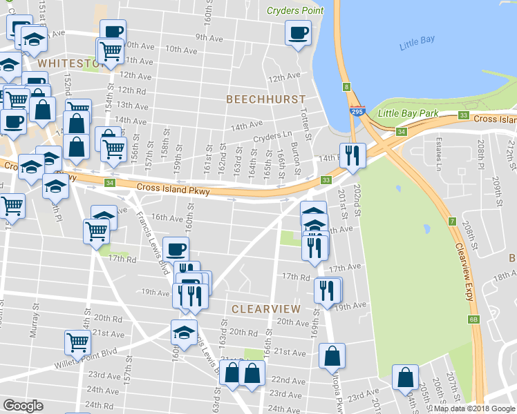 map of restaurants, bars, coffee shops, grocery stores, and more near 165-0-165-98 15th Drive in Queens