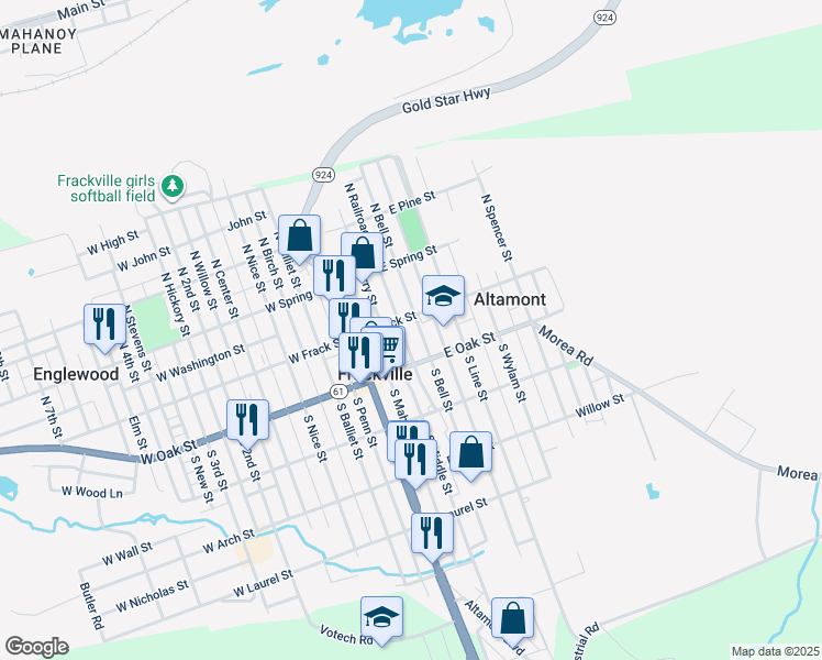 map of restaurants, bars, coffee shops, grocery stores, and more near 11 South Railroad Avenue in Frackville