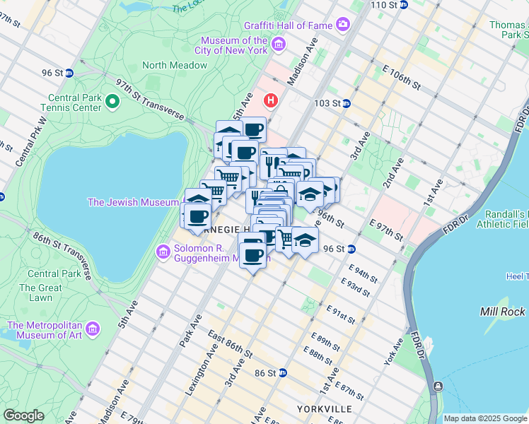 map of restaurants, bars, coffee shops, grocery stores, and more near 131 East 93rd Street in New York