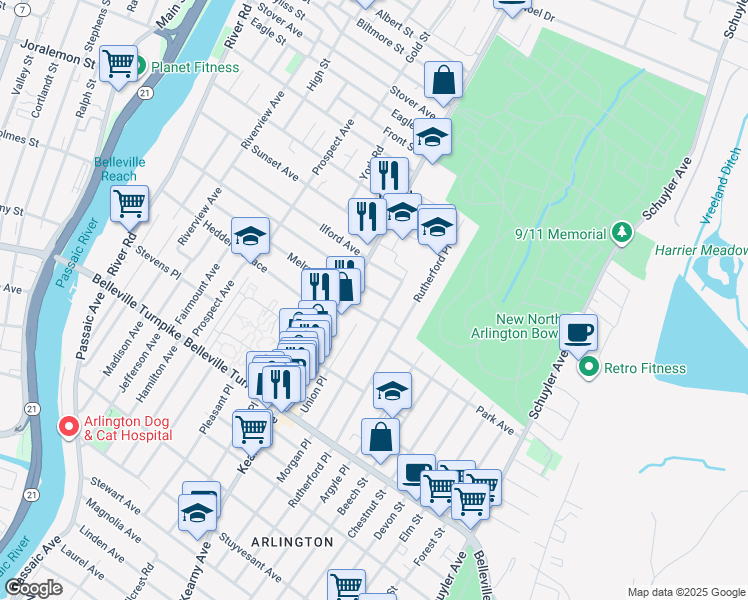 map of restaurants, bars, coffee shops, grocery stores, and more near 24 Inman Place in North Arlington
