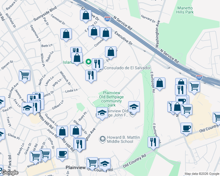map of restaurants, bars, coffee shops, grocery stores, and more near 22 Newport Drive in Plainview
