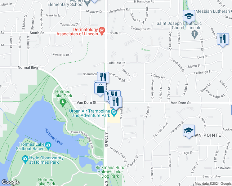 map of restaurants, bars, coffee shops, grocery stores, and more near 7110 Van Dorn Street in Lincoln