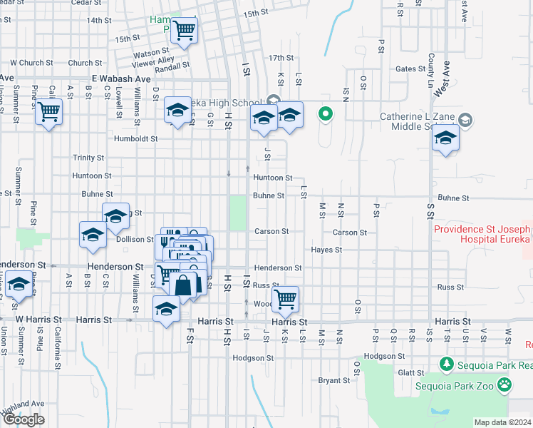 map of restaurants, bars, coffee shops, grocery stores, and more near 2526 J St in Eureka