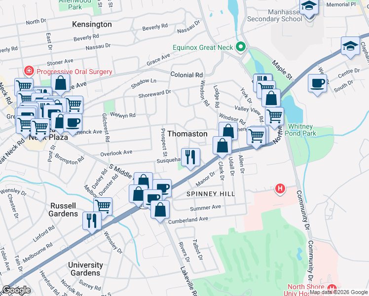 map of restaurants, bars, coffee shops, grocery stores, and more near 35 Spruce Street in Great Neck