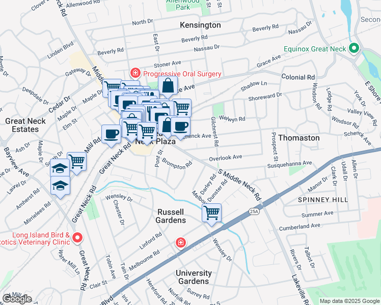 map of restaurants, bars, coffee shops, grocery stores, and more near 124 South Middle Neck Road in Great Neck