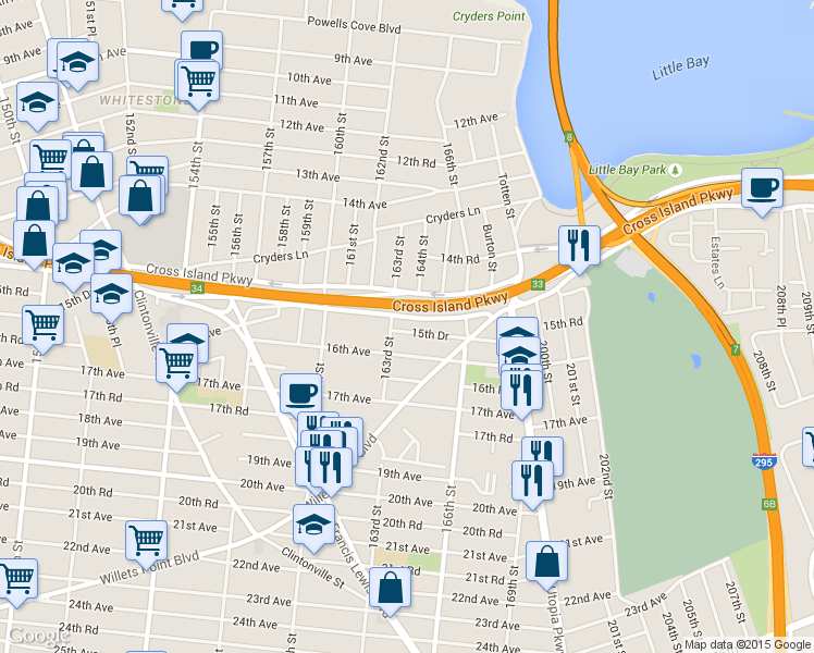 map of restaurants, bars, coffee shops, grocery stores, and more near 163-36 15th Drive in Queens