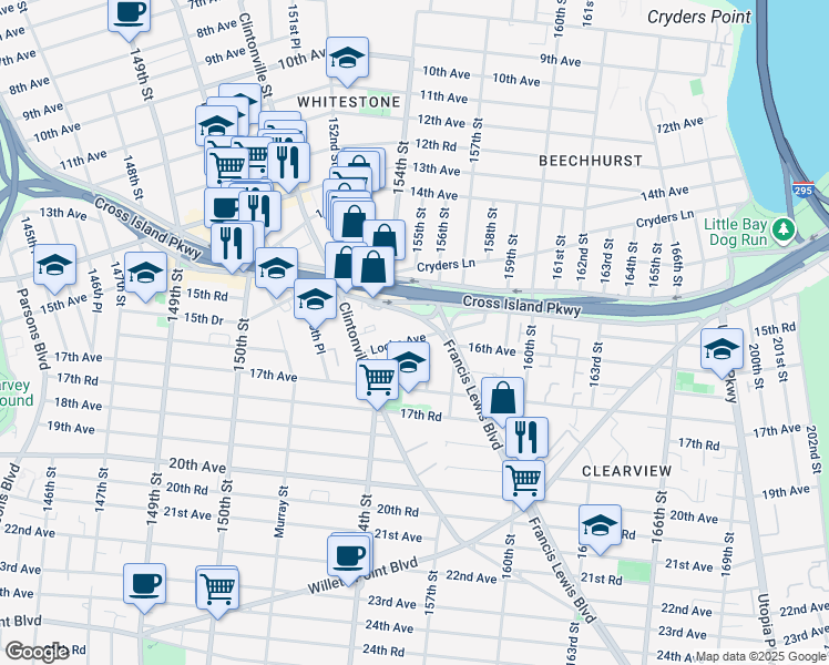 map of restaurants, bars, coffee shops, grocery stores, and more near 154-28 Locke Avenue in Queens