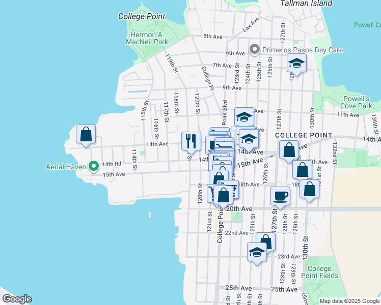 map of restaurants, bars, coffee shops, grocery stores, and more near 119-11 14th Road in Queens