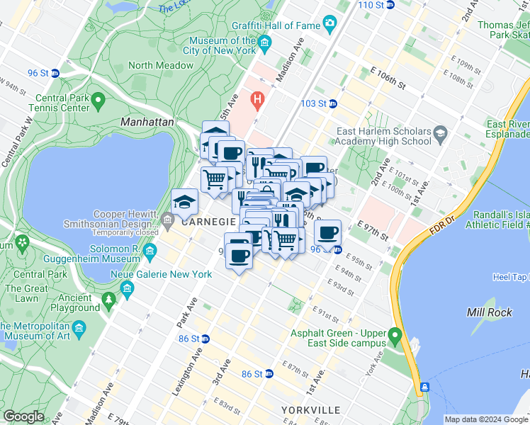 map of restaurants, bars, coffee shops, grocery stores, and more near in New York