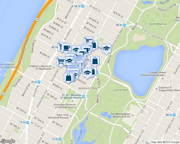 map of restaurants, bars, coffee shops, grocery stores, and more near 32 West 85th Street in New York