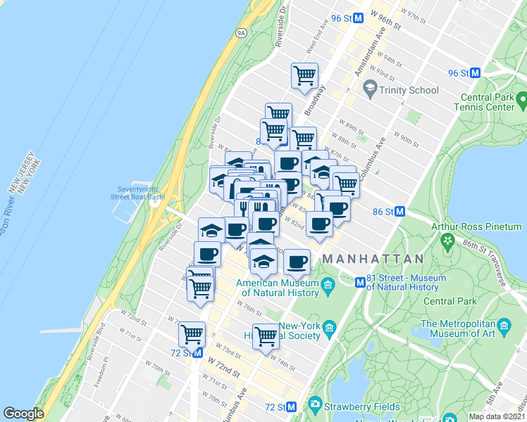 map of restaurants, bars, coffee shops, grocery stores, and more near 234 West 81st Street in New York