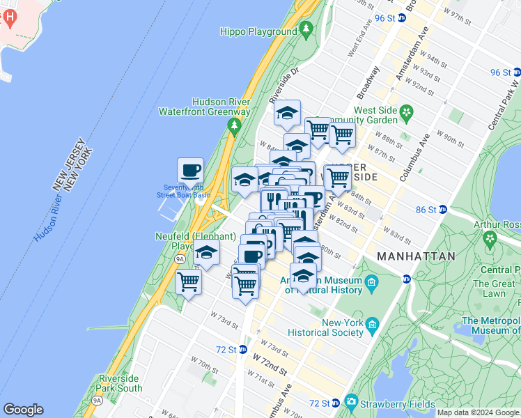map of restaurants, bars, coffee shops, grocery stores, and more near in New York
