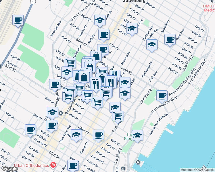 map of restaurants, bars, coffee shops, grocery stores, and more near 5500 Palisade Avenue in West New York