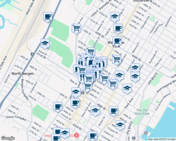 map of restaurants, bars, coffee shops, grocery stores, and more near 567 52nd Street in West New York