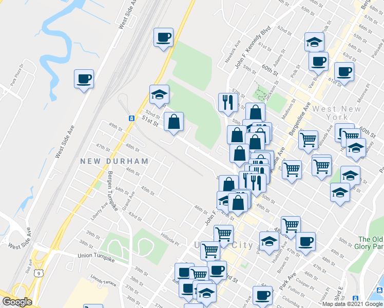 map of restaurants, bars, coffee shops, grocery stores, and more near 1207 50th Street in North Bergen