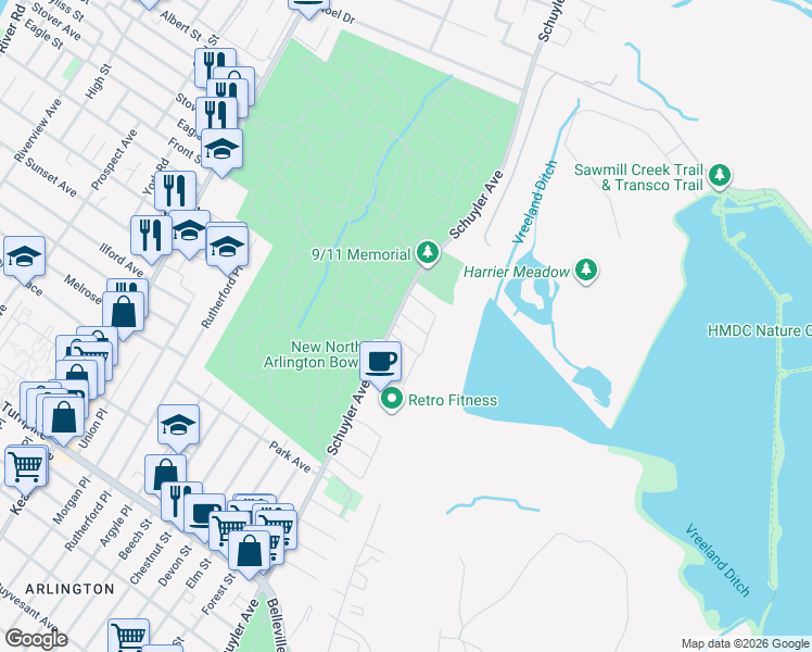 map of restaurants, bars, coffee shops, grocery stores, and more near 13 Bernice Road in North Arlington
