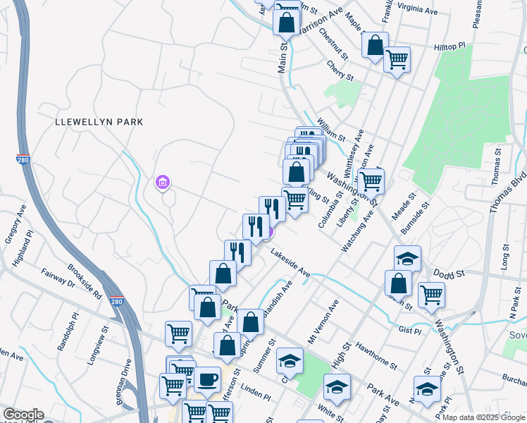 map of restaurants, bars, coffee shops, grocery stores, and more near 15 Edisonia Terrace in West Orange