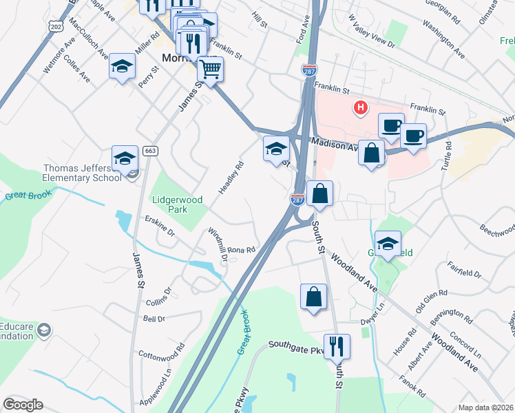 map of restaurants, bars, coffee shops, grocery stores, and more near 19 Paula Court in Morristown