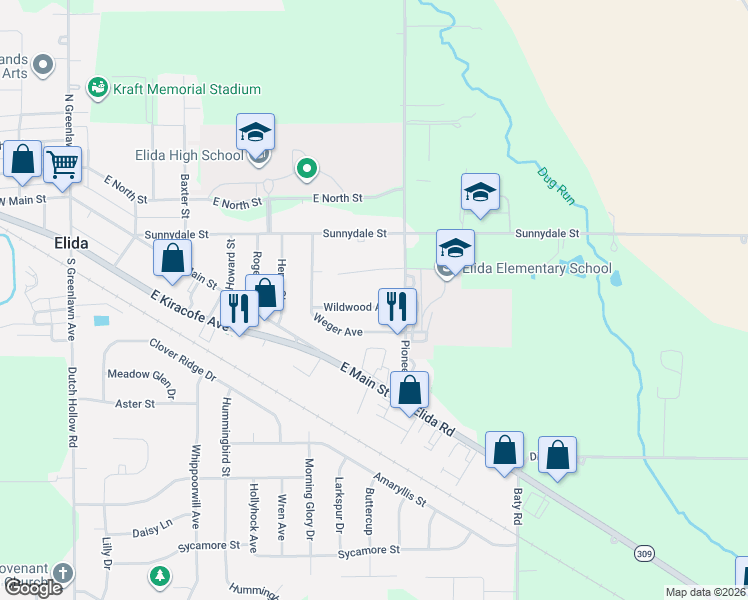 map of restaurants, bars, coffee shops, grocery stores, and more near 718 Wildwood Avenue in Lima