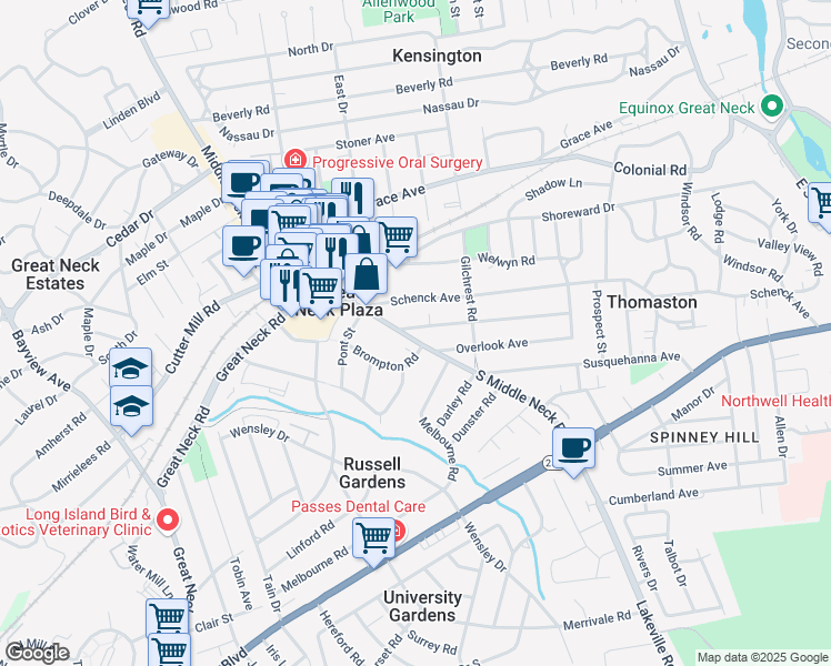 map of restaurants, bars, coffee shops, grocery stores, and more near 124 South Middle Neck Road in Great Neck