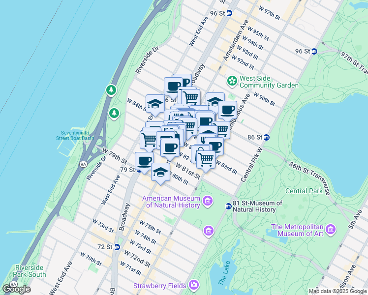 map of restaurants, bars, coffee shops, grocery stores, and more near 166 West 83rd Street in New York