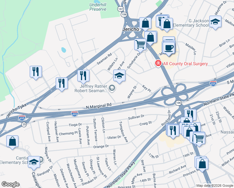 map of restaurants, bars, coffee shops, grocery stores, and more near in Jericho