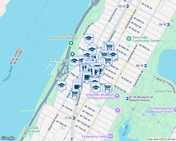 map of restaurants, bars, coffee shops, grocery stores, and more near 257 West 81st Street in New York
