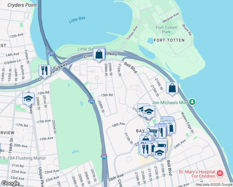 map of restaurants, bars, coffee shops, grocery stores, and more near 15-21 209th Street in Queens