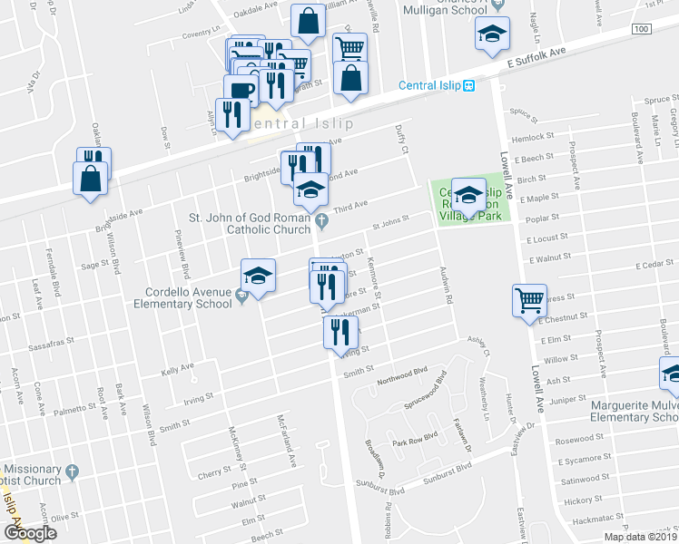 map of restaurants, bars, coffee shops, grocery stores, and more near 345 Earle Street in Central Islip
