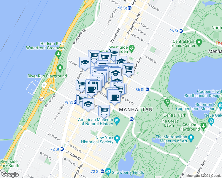 map of restaurants, bars, coffee shops, grocery stores, and more near 139 West 83rd Street in New York