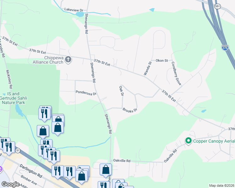map of restaurants, bars, coffee shops, grocery stores, and more near 121 Oak Drive in Beaver Falls